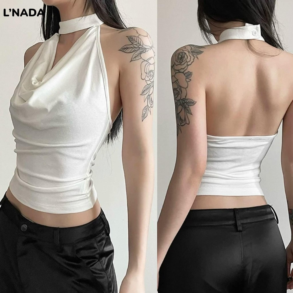 L'NADA 【พร้อมส่ง】เสื้อคอถ่วงคล้องคอ โชว์หลัง   แฟชั่น2025(2603)