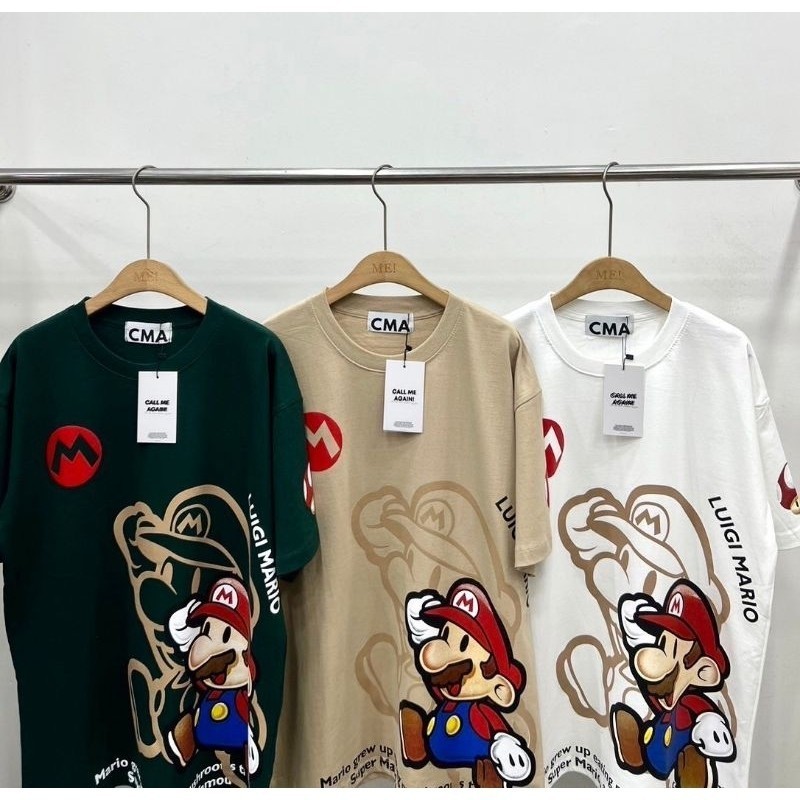 S-5XL 🍄New Mario สกรีนแขน2025 เสื้อยืด CMA ทรง Oversize อกสไตล์ฮาราจูกุ ผ้าคอตตอน