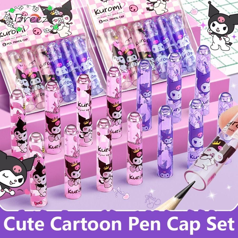 Breeze 6 ชิ้น/เซ็ตหมวกดินสอ, การ์ตูนพลาสติกดินสอ Nib ฝาครอบป้องกัน, Creative Kuromi/Melody/Cinnamoroll ดินสอป้องกันนักเรียน