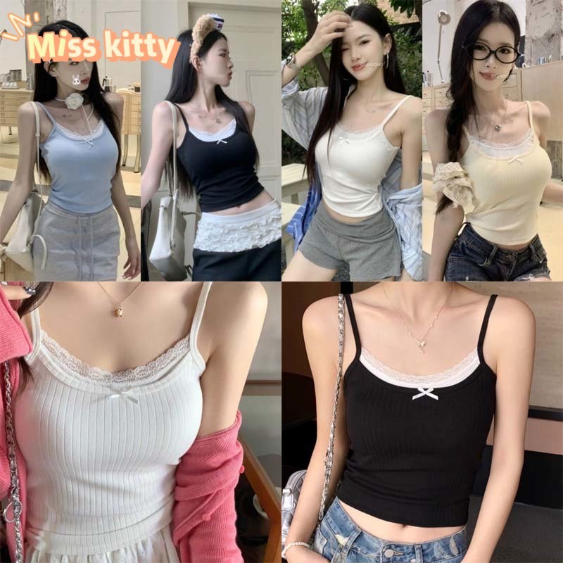 Miss Kitty🔥พร้อมส่ง🔥เสื้อสายเดี่ยวคอกลม มีฟองน้ำ ดีเทลแต่งขอบลูกไม้ ผ้านุ่มนิ่มติดโบว์ "FY2109-P"