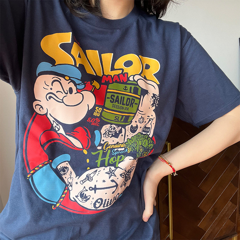 นาย Mark and Angel Nana Popeye vintage vintage Loose Casual Street Wear เสื้อยืด Top ผู้ชายผู้หญิง