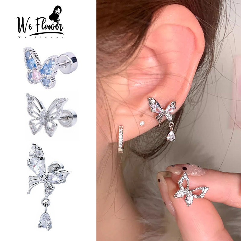 We Flower Elegant s925 เงิน Shining คริสตัลผีเสื้อสกรูต่างหูสําหรับผู้หญิงแฟชั่น Pierced หู Studs เครื่องประดับ