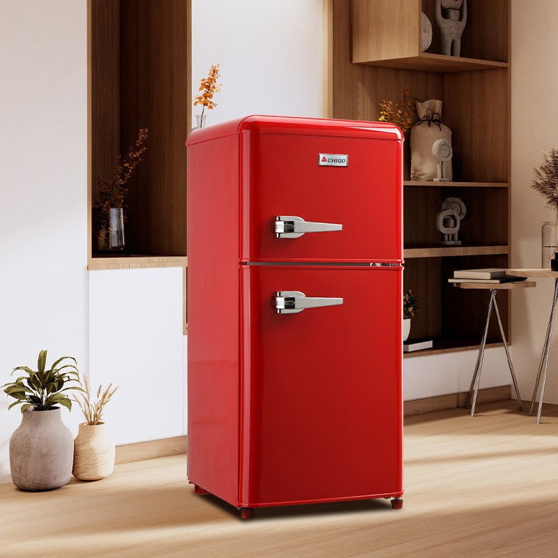 Chigo Retro ตู้เย็นขนาดเล็กสไตล์อเมริกันยุโรปที่นิยมในโลกออนไลน์ใช้ในบ้านมินิสองประตูแช่เย็นและแช่แข็ง