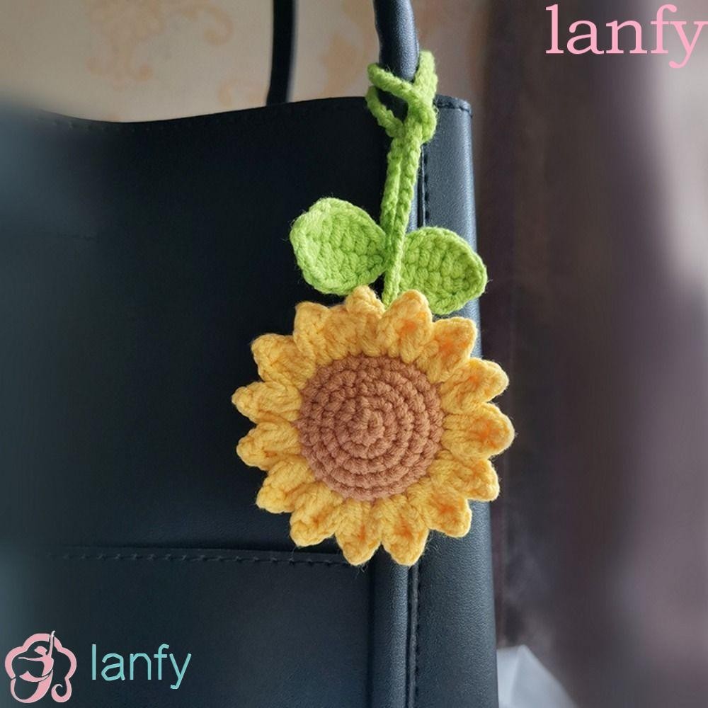 Lanfy อุปกรณ์เสริมรถยนต์ กระเป๋าถักโครเชต์ แฮนด์เมด ลายดอกทานตะวัน สีน้ําตาล