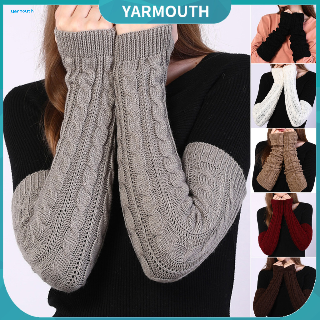 Yyr_ ปลอกแขน ผ้าวูลถัก ยาวถึงข้อศอก ให้ความอบอุ่น ไร้นิ้วมือ สีพื้น สําหรับผู้หญิง 1 คู่