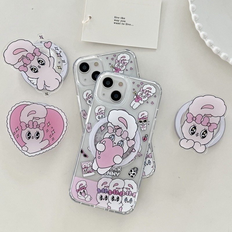Esther Bunny สีชมพู Love กระต่ายแม่เหล็ก Attraction Bracket อะคริลิคใสกันกระแทกเคสโทรศัพท์สําหรับ IPhone 17 12 13 14 15 Pro Max 16Plus ปกหลัง