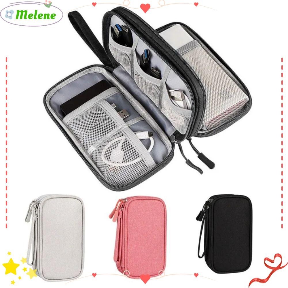 Melene กระเป๋าจัดเก็บสายเคเบิลดิจิทัล USB กันน้ํา หลายชั้น แบบพกพา สีพื้น สําหรับเดินทาง