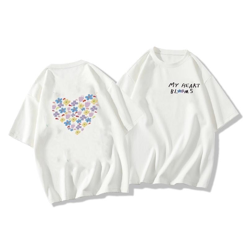 เกาหลี เสื้อแบบดารา เสื้อยืดแขนสั้น CMDXY0041 ผู้ชาย ผู้หญิง ลายทาง ตัวอักษร หลวม ลายสกรีน ฤดูร้อน ฤดูใบไม้ผลิ