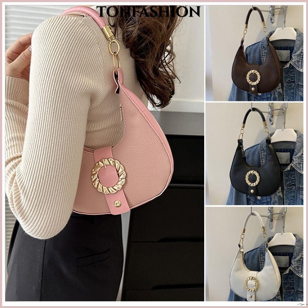 Tonfashion กระเป๋าสะพายไหล่ หนัง PU สีพื้น เรียบง่าย สําหรับผู้หญิง