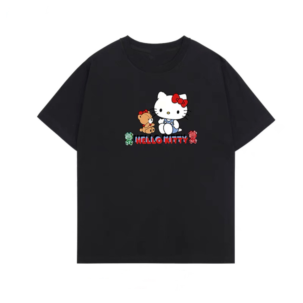 Hello Kitty เสื้อยืดแขนสั้นพิมพ์ลายการ์ตูนแมวน่ารักเกาหลีสำหรับนักเรียนหญิงฤดูร้อนผ้าฝ้ายแท้S-5XL