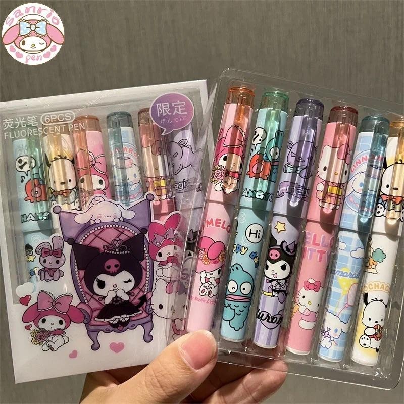 Sanrio ปากกามาร์กเกอร์ ไฮไลท์ ลายกราฟฟิติ Hello Kitty Kuromi น่ารัก เครื่องเขียน สําหรับนักเรียน 6 ชิ้น