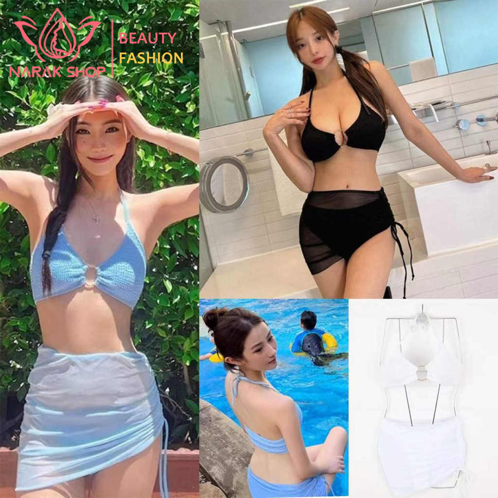 ชุดว่ายน้ำเซ็ต3ชิ้น บิกินี่บราผูกคอ+กระโปรง สีพื้น สีสันสดใส