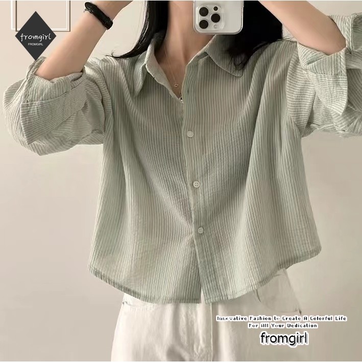 เสื้อเชิ้ตแขนยาว กันแดด ลายทาง สีฟ้า สไตล์เกาหลี สําหรับผู้หญิง