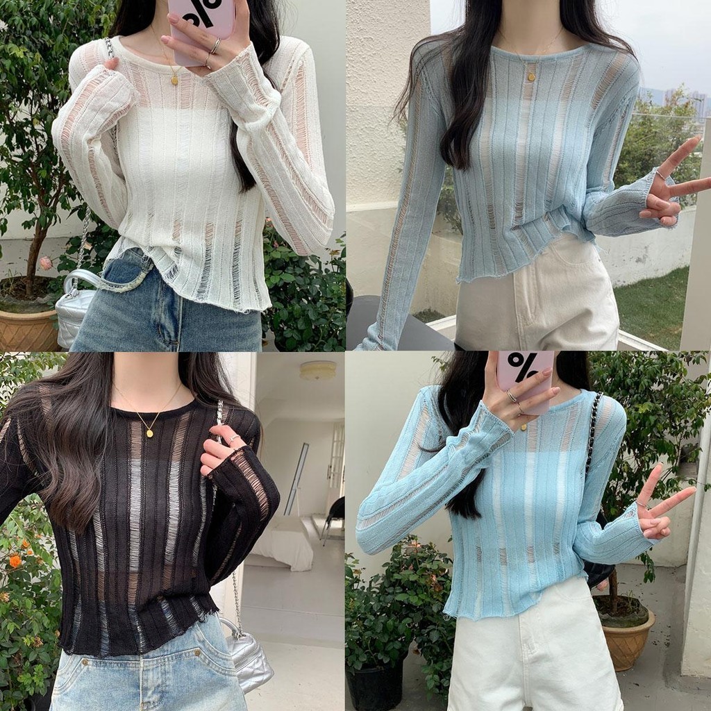 MIMI&DIDI NEW!เสื้อฉลุ ไหมพรมแขนยาว เสื้อกันแดด สไตล์เกาหลี แฟชั่น คอกลม ลายขาวดำ#1740