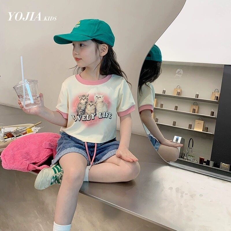 PRETTY BABY พร้อมส่ง เสื้อยืดเด็กผู้หญิง เสื้อครอป ลายน้องแมว (1121)