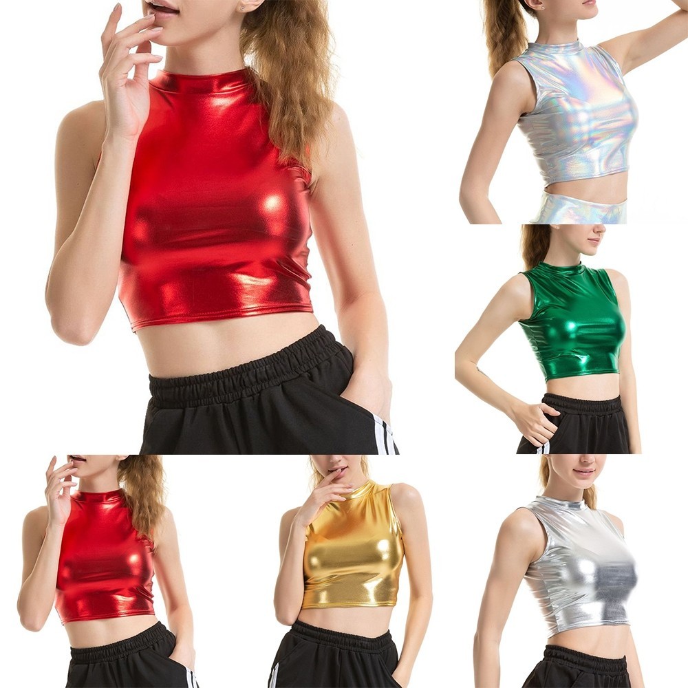 ผู้หญิงเสื้อกล้ามเสื้อกล้ามดูเปียก Clubwear Crop Top แฟชั่น Mock คอใหม่