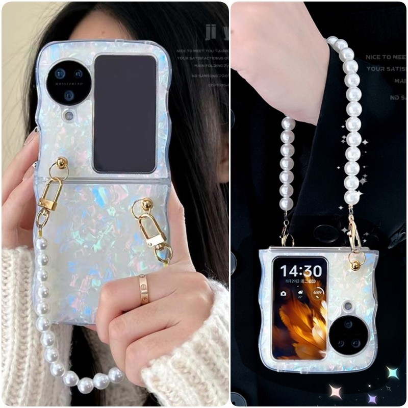 เคสโทรศัพท์มือถือแบบนิ่ม กันกระแทก พร้อมสายคล้องข้อมือ ประดับไข่มุก แฟชั่น สําหรับ OPPO Find N3 N2
