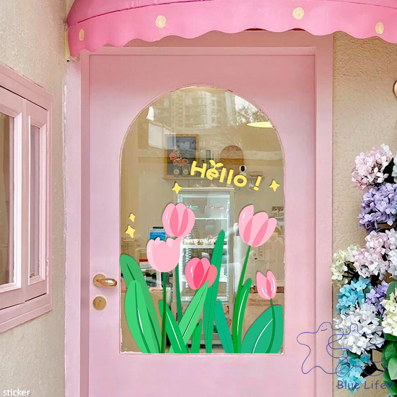 สติกเกอร์ ลายดอกไม้ สีชมพู แบบสร้างสรรค์ สําหรับติดตกแต่งกระจก หน้าต่าง ร้านค้า