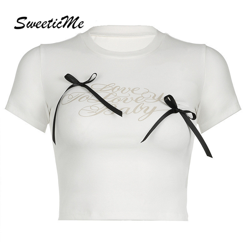 Sweeticme ใหม่ เสื้อยืดคอกลม แขนสั้น ประดับโบว์ เข้ากับทุกการแต่งกาย แฟชั่นสําหรับผู้หญิง 2024