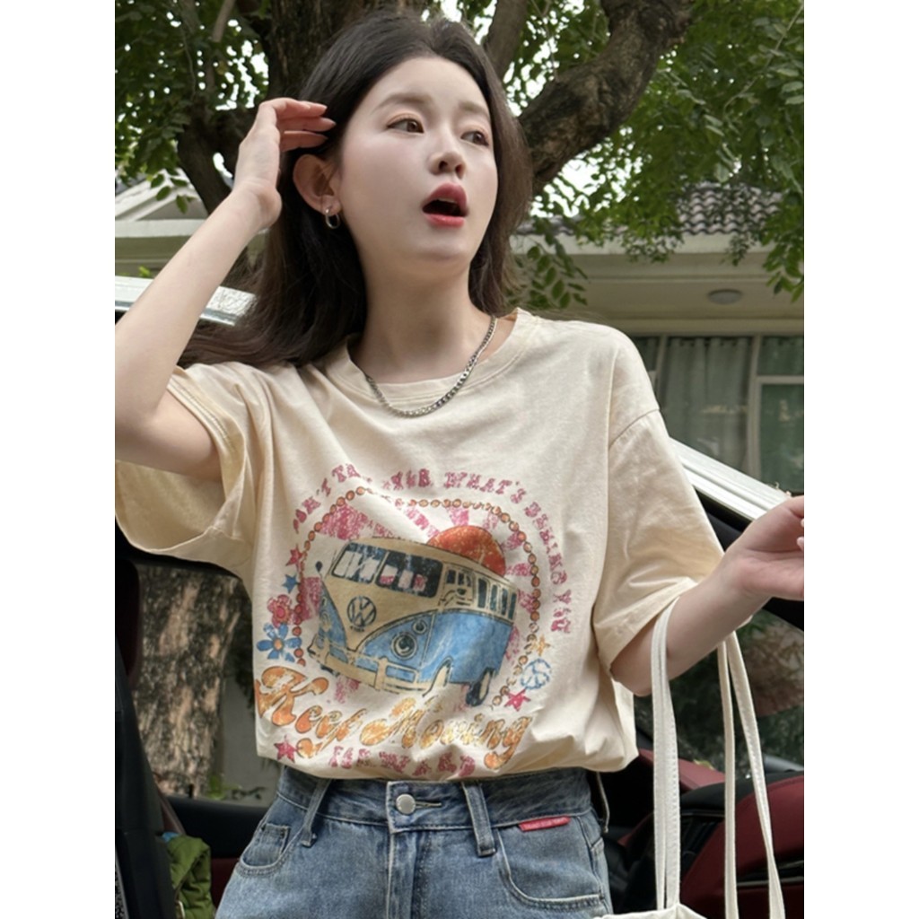 MAO SHOPเสื้อยืดผู้หญิงแฟชั่นสาวอวบสีขาวoversize คอกลมแขนสั้น เสื้อผ้าวัยรุ่นน่ารัก เสื้อโอเวอร์ไซส์สไตล์เกาหลี สกรีนลาย