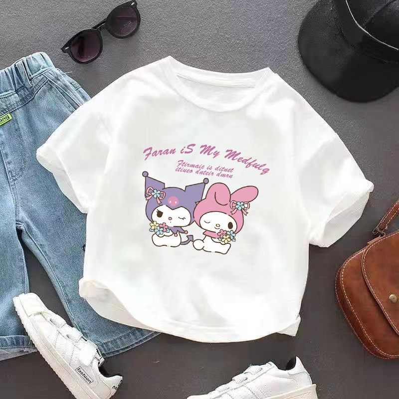 Kawaii Kuromi Melody สาว Tshirt น่ารักการ์ตูนสาวเสื้อฤดูร้อนหวานแขนสั้นเด็กเสื้อผ้าฤดูร้อน Baju Budak Perempuan