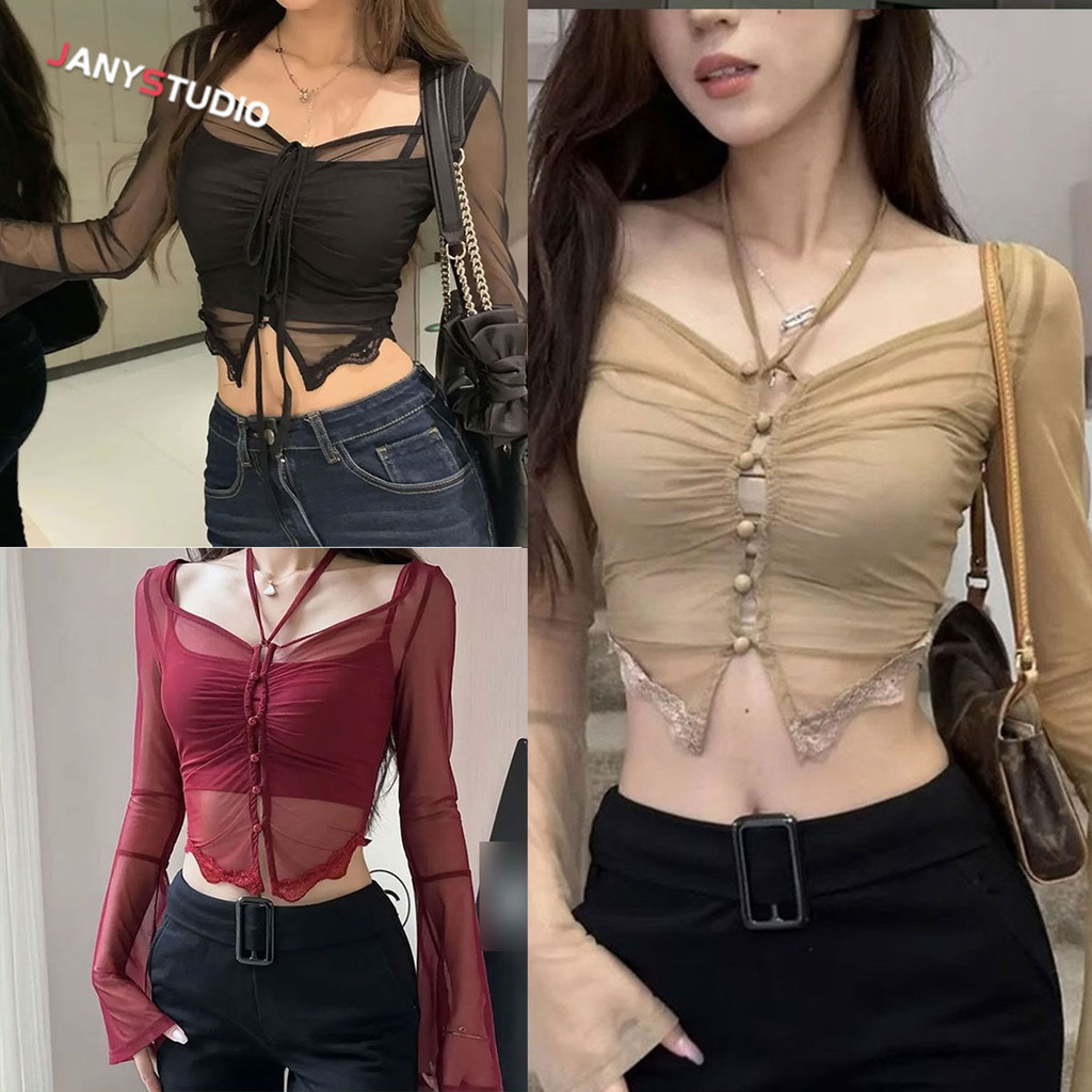 เสื้อครอปซีทรูเเขนยาว พร้อมกระดุม สไตล์สาวแซ่บ ใส่เที่ยวใส่ปาร์ตี้ได้