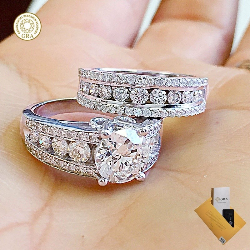 (พร้อมใบรับรอง Gra) Moissanite Luxury Full Diamond Couple Rings Suit