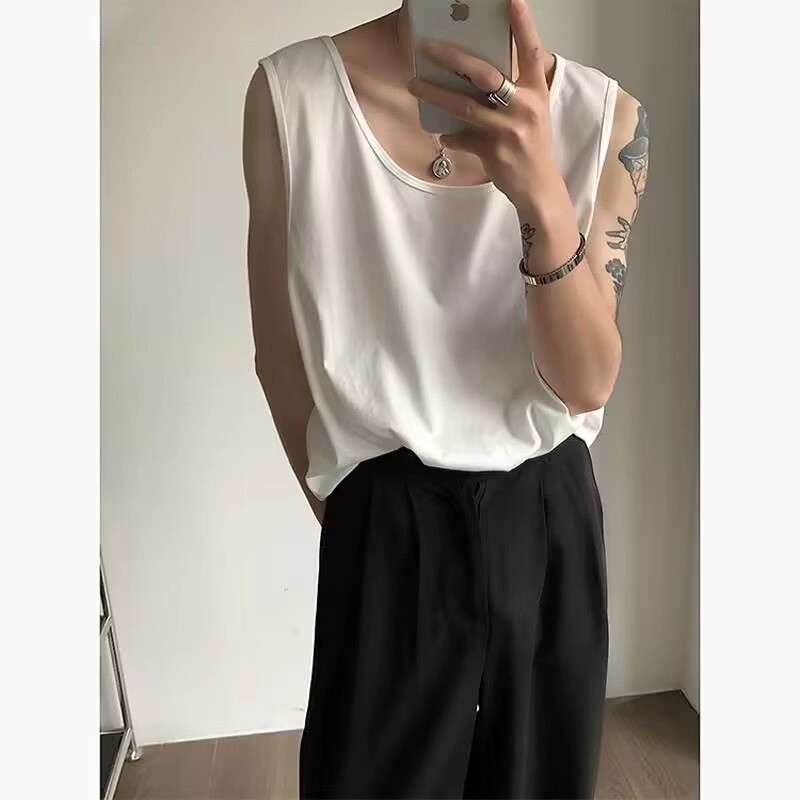 เสื้อยืดแขนกุด คอต่ํา ขนาดใหญ่ สีขาว แฟชั่นฤดูร้อน สไตล์อเมริกัน สําหรับผู้ชาย