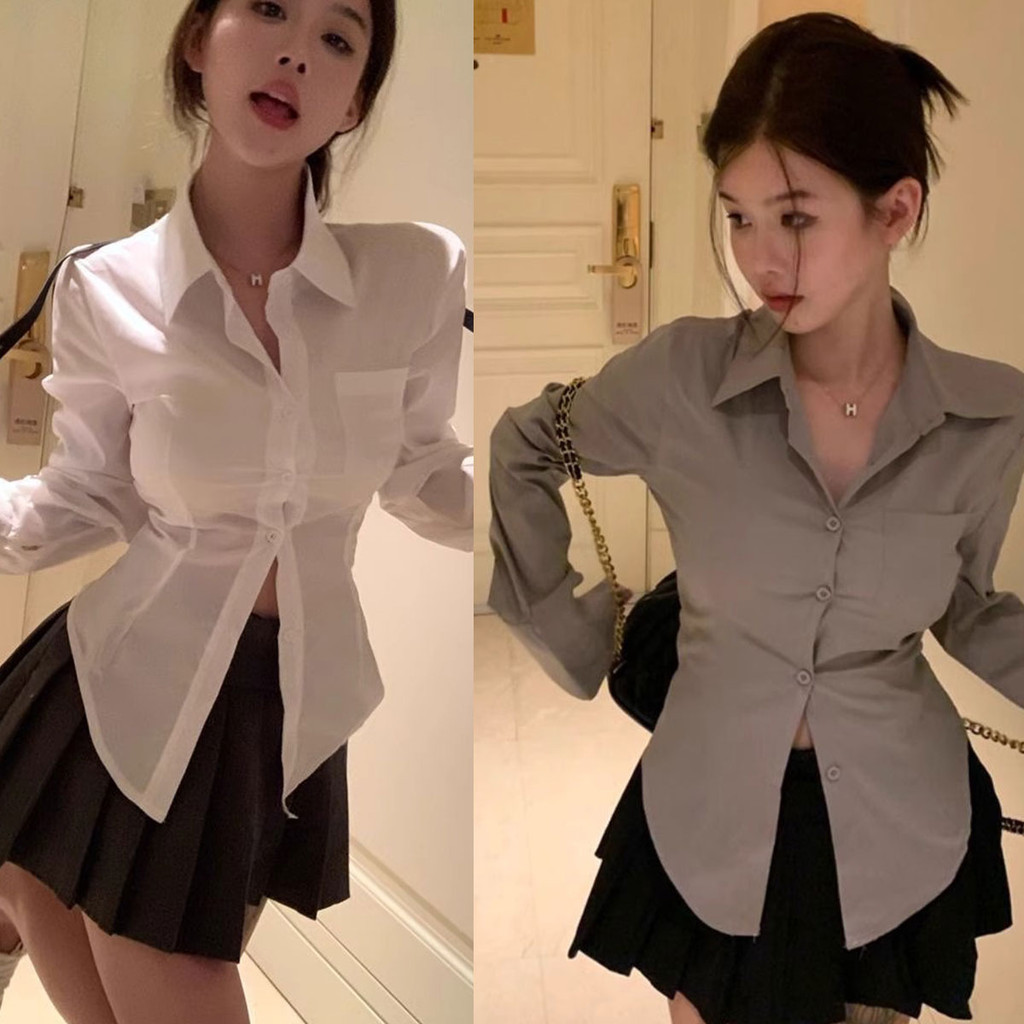 เสื้อเชิ้ตแขนยาว รัดรูป เปิดปลายแขน ดีไซน์เปิดแขนสุดน่ารัก