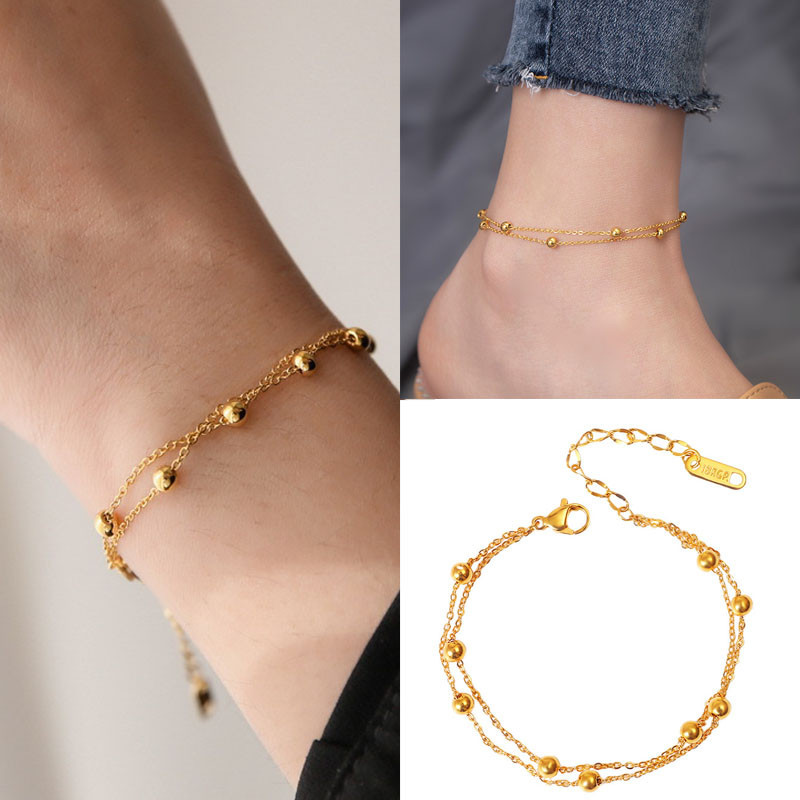 Double Layer Lucky ลูกปัดสร้อยข้อมือ 24K Gold Plated สร้อยข้อมือข้อเท้าผู้หญิง Multi-Layer Anklet