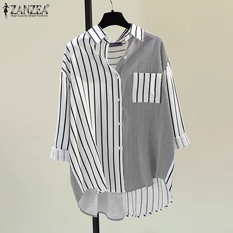 Zanzea เสื้อเชิ้ตแขนยาว คอปก ลายทาง เย็บปะติดปะต่อกัน สไตล์เกาหลี แฟชั่นสตรี