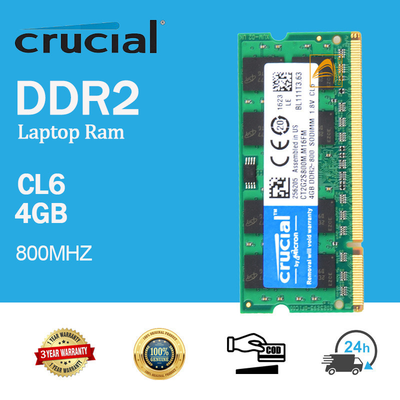 [พร้อมส่ง] หน่วยความจําแล็ปท็อป Crucial 4GB RAM DDR2 800MHz 2RX8 PC2 6400 200pin SODIMM