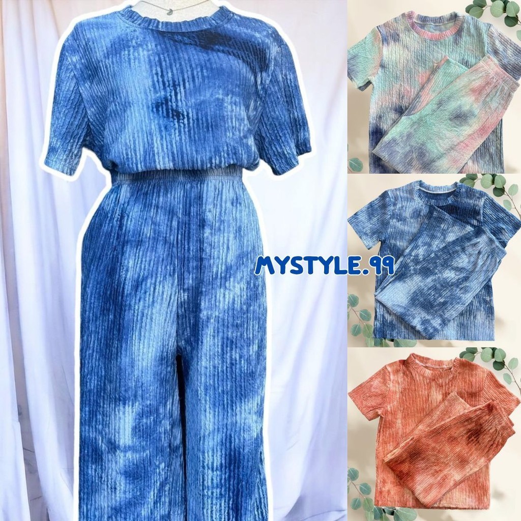 mystyle.99 ชุดเซ็ทลายมัดย้อม เสื้อคอกลมแขนสั้น+กางเกงขายาว สีสด ผ้าย่น 7สี พร้อมส่ง #SET02