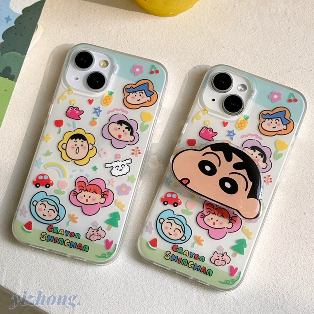 เคสโทรศัพท์มือถือ TPU นิ่ม กันกระแทก กันรอยขีดข่วน ลายการ์ตูนชินจังน่ารัก พร้อมขาตั้งพับได้ สําหรับ iPhone 15 Pro Max 14 11 13 12