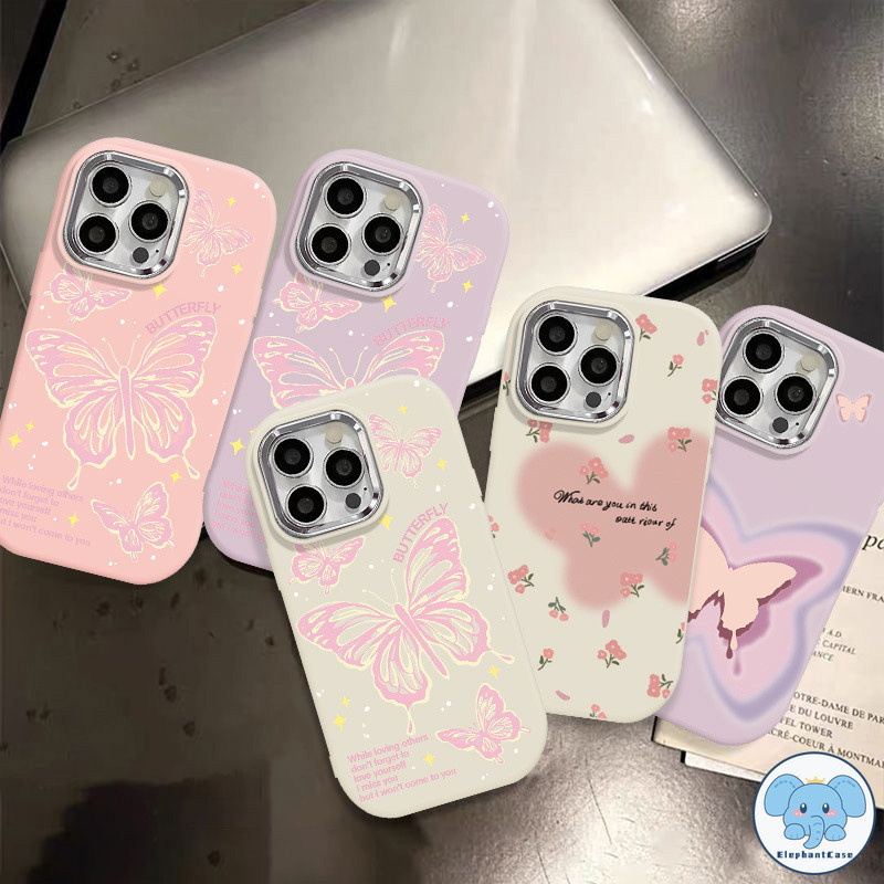 แฟนตาซีผีเสื้อดอกไม้ชุบโลหะเลนส์สีลูกกวาดกรณีหรูหรา iPhone 11 7Plus 13 XR 15 14 12 Pro Max 7 8 Plus X XS Max SE 2020