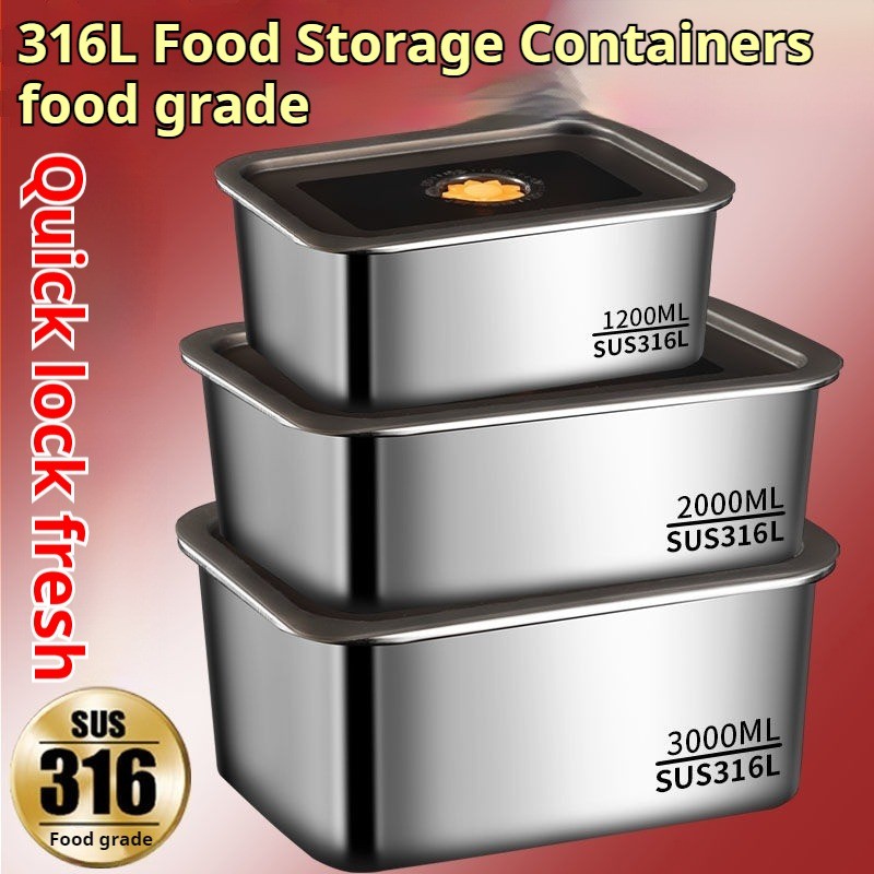 ภาชนะเก็บอาหารสแตนเลส 316 พร้อมฝาปิด กล่องเก็บอาหารกันรั่ว โลหะ วางซ้อนกันได้ สำหรับเตรียมอาหาร เหลืออาหารสำหรับแช่แข็ง ตู้เย็น เตาอบ เครื่องล้างจาน ปลอดภัย ขนาด 1.2 ลิตร/2 ลิตร/3 ลิตร