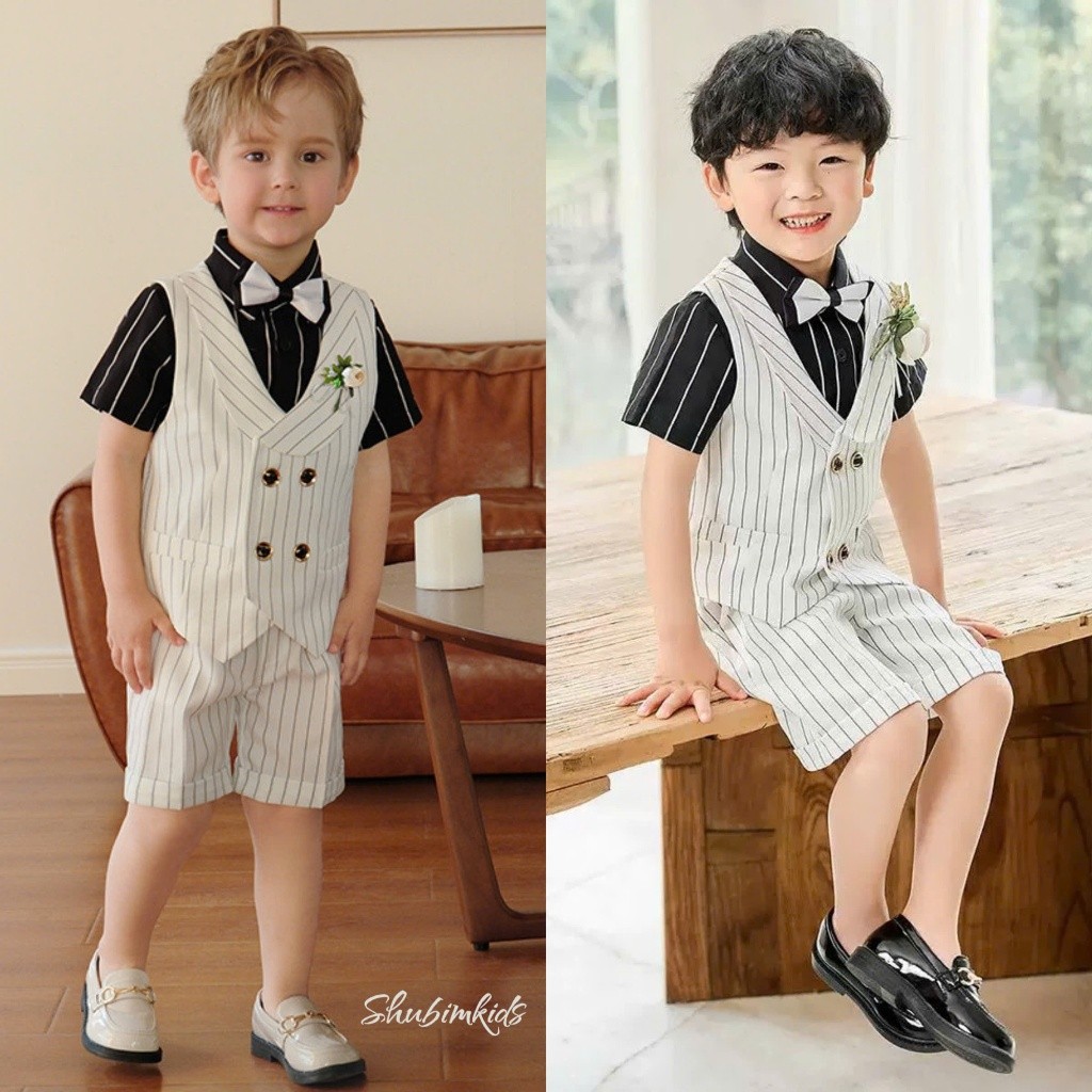 [Shubim Kids] -VT32- ชุด Dude Gile ลายทางสีขาวและสีดําคุณภาพสูงสําหรับเด็กผู้ชาย + โบว์และดอกไม้