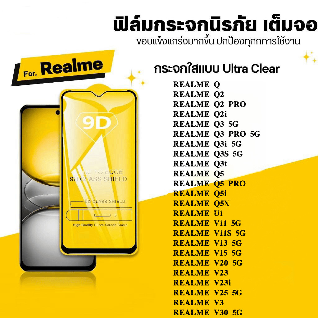 9D เต็มจอ กันรอย กันกระแทก REALME Q Q2 Q2i Q3 Q3S Q3T Q5 Q5i U1 V11 V11S V13 V15 V20 V23 V23i V25 V3