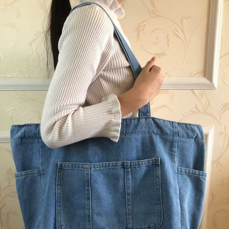 สไตล์ใหม่ 2025 ญี่ปุ่น เดนิม สิริ กระเป๋าผู้ชายผู้หญิงกระเป๋าสะพายไหล่สบายๆบิ๊กแม่กระเป๋าที่มีซิปกับกระเป๋าด้านใน