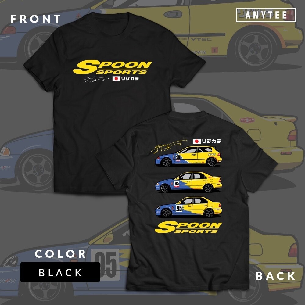 【hot tshirts】Honda Civic Spoon SportsEG EK ESI JDM Japan Car Automotive T Shirt ANYTEEเสื้อยืดพิมพ์ลายรถสีดำเรียบง่ายดูด