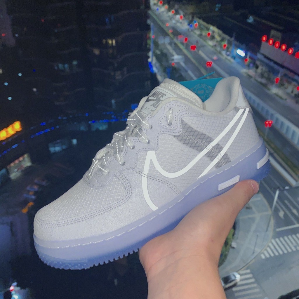 Nike Nike Air Force 1 React Air Force One AF1 Ice Blue Bone รองเท้าผ้าใบสะท้อนแสงสีขาว EU36-45