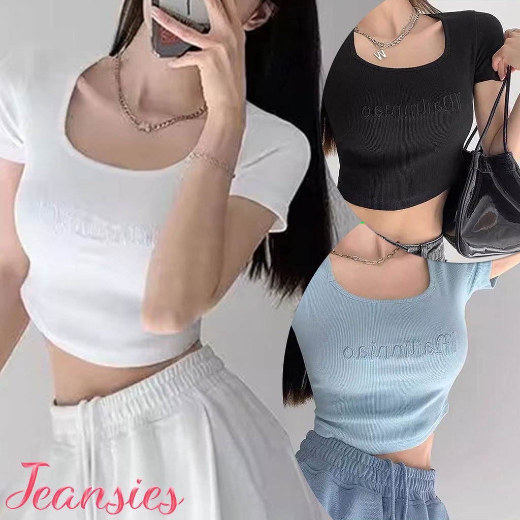 เสื้อครอปเเขนสั้น พิมพ์ลายตัวอักษร สีพาสเทล เข้ารูปสวย ผ้านุ่มใส่สบาย