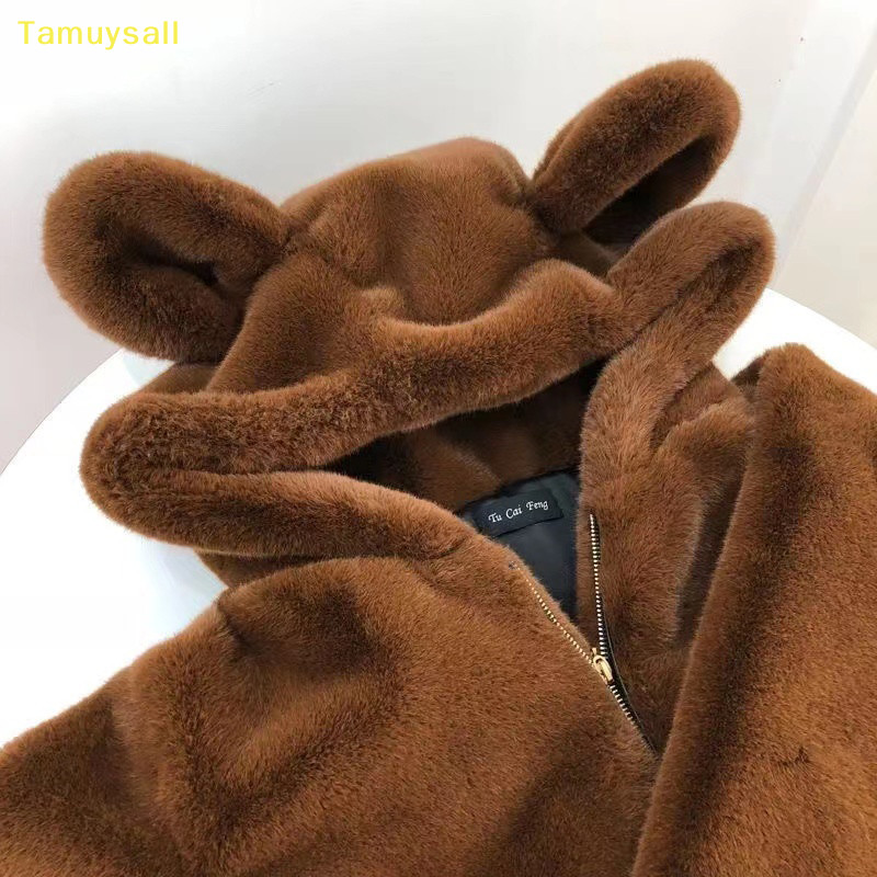 [TAMU] เสื้อโค้ทแขนยาว มีฮู้ด ผ้ากํามะหยี่ขนนิ่ม ลายการ์ตูนหมี สีพื้น แฟชั่นฤดูใบไม้ร่วง และฤดูหนาว สําหรับผู้หญิง YSA