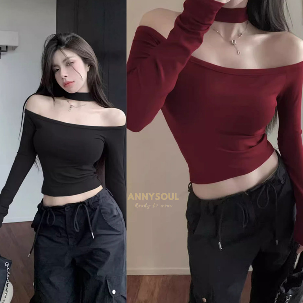 เสื้อครอปสำหรับผู้หญิง เปิดไหล่ เอวลอย มีสายคล้องคอ แฟชั่นสาวเกาหลี Sexy สีเรียบ