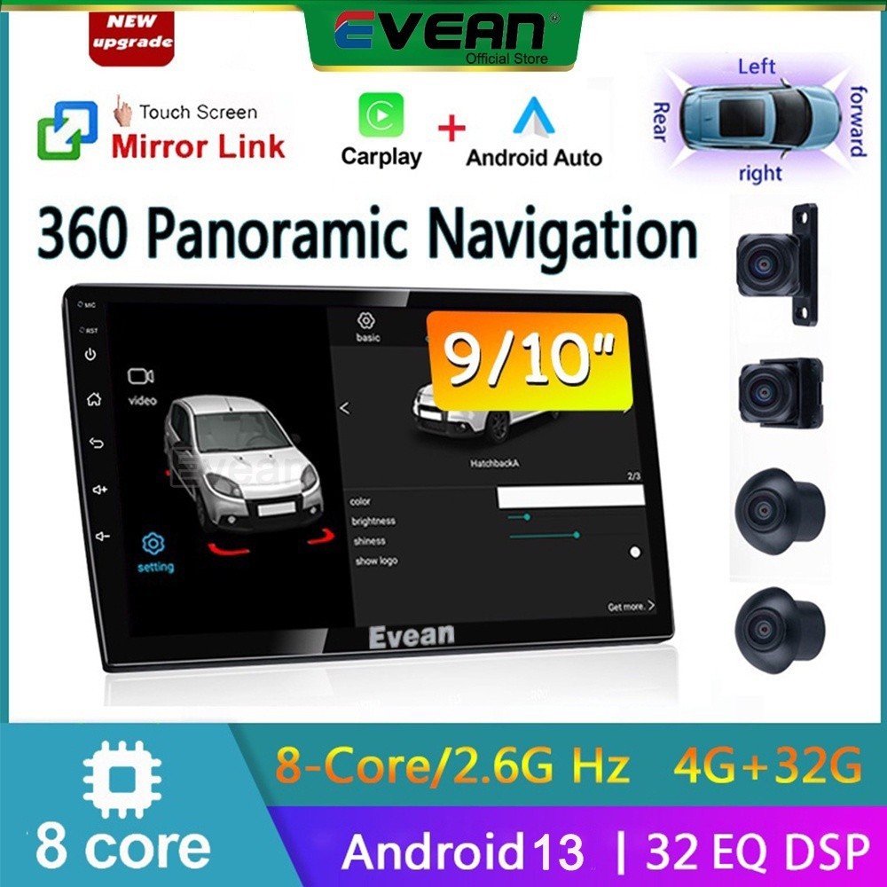 ( 4g+32g 8 Core Carplay Auto) เครื่องเล่นมัลติมีเดีย GPS 2 Din Android 9/10 นิ้ว พร้อม 360 สําหรับรถยนต์° ระบบกล้องพาโนรามา WMKW