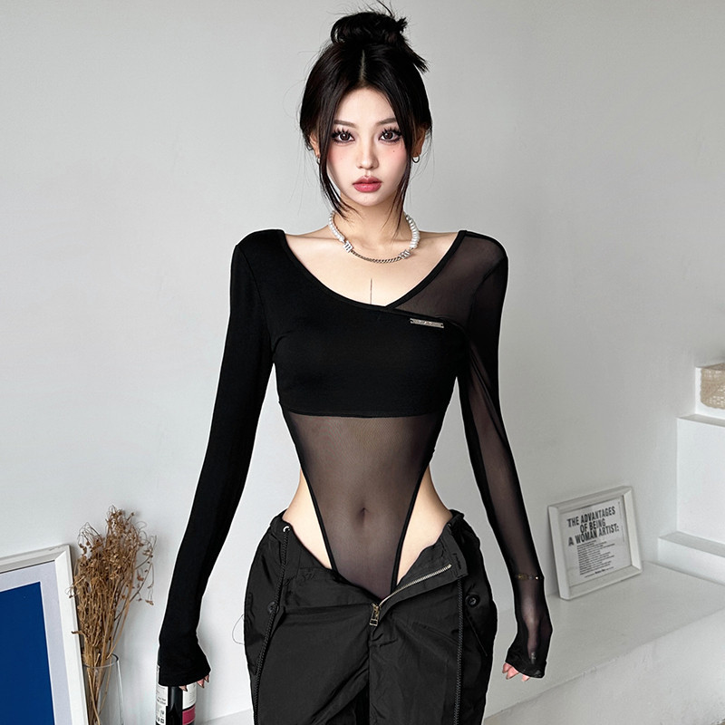 Xiao ชุดบอดี้สูท เสื้อยืดแขนยาว ผ้าฝ้าย ผ้ากอซ เซ็กซี่ สีดํา สําหรับผู้หญิง