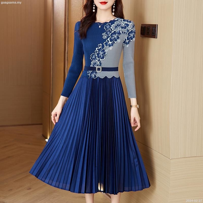 Station 2024 ฤดูใบไม้ผลิใหม่พับรอบคอ Spliced Slim Fit Dress ความยาวปานกลางกระโปรงจีบ 2024-02-27