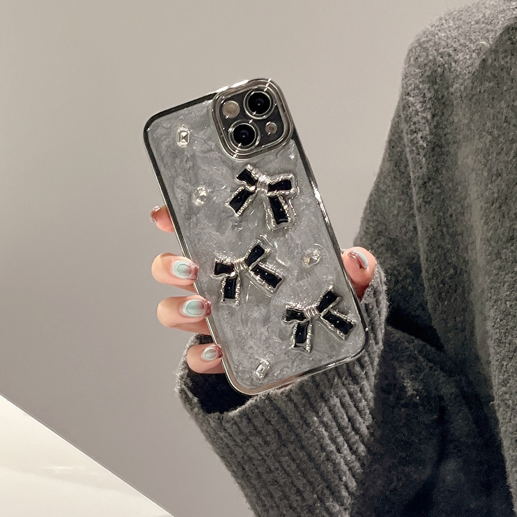 เคสโทรศัพท์มือถือ กันกระแทก ประดับโบว์ สีดํา สําหรับ iPhone 15 ProMax 15 14 ProMax 14 Pro 13 ProMax 12 Pro Max 11