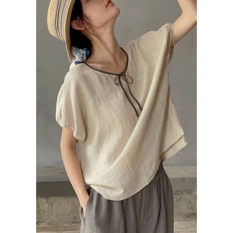 เสื้อยืดแขนสั้น ผ้าฝ้าย และผ้าลินิน ทรงหลวม เข้ากับทุกการแต่งกาย แบบเรียบง่าย แฟชั่นฤดูร้อน สไตล์เรโทร สําหรับผู้หญิง