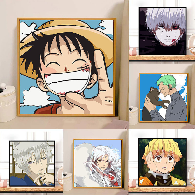 อะนิเมะน่ารัก จิตรกรรมดิจิตอล 20X20ซม DIY ระบายสีตามตัวเลข ภาพระบายสีตามตัวเลข ขึงเฟรมไม้พร้อมอุปกรณ์ ขนาด ฝึกสมาธิ ของข